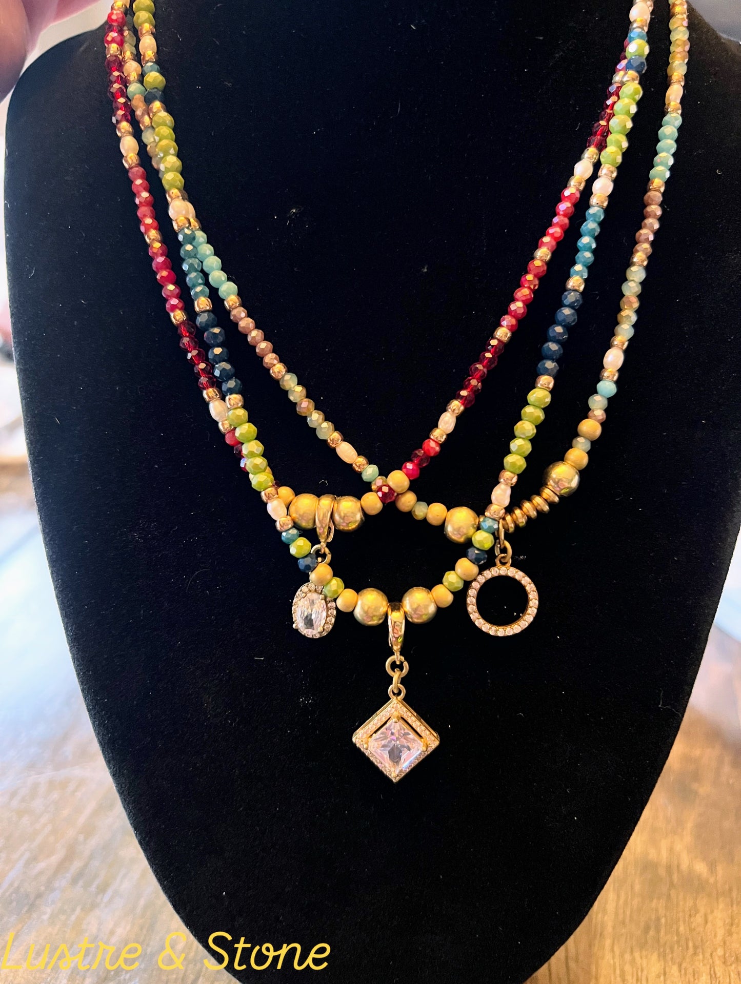 Dainty Beaded Necklace with Antique Brass Pendant