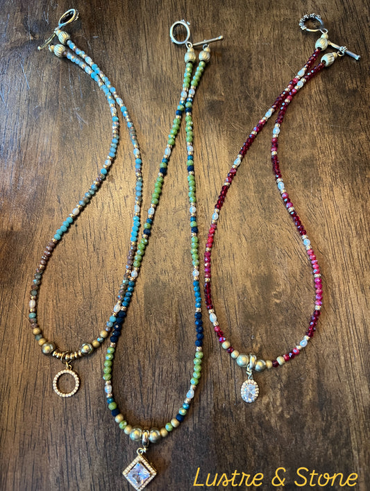 Dainty Beaded Necklace with Antique Brass Pendant